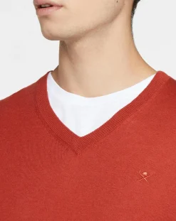 Pull en Laine mélangée col V coudières orange/rouge-Hackett London Clearance