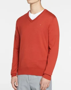 Pull en Laine mélangée col V coudières orange/rouge-Hackett London Clearance