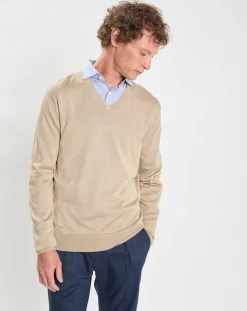 Pull en Laine Mérinos & Soie col V beige-Hackett London Best
