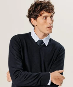 Homme Rodier Pulls^Pull Gaspard 100% laine col V bleu nuit