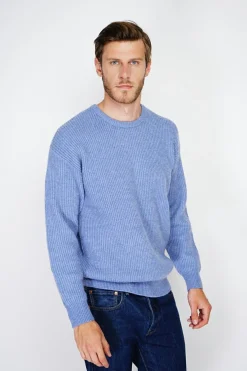 Pull large en Cachemire mélangé ras du cou à côtes bleu jeans-C&Jo Outlet
