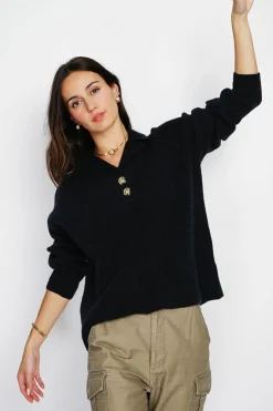 Pull large en Cachemire mélangé col polo noir-Assuili Hot