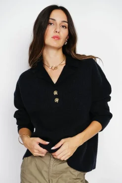 Pull large en Cachemire mélangé col polo noir-Assuili Hot