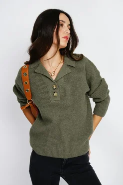 Pull large en Cachemire mélangé col polo kaki-Assuili Hot