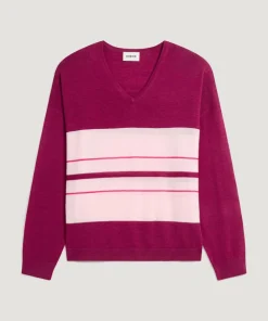 Pull Mafalda 100% Laine col V rayures violet cassis-Rodier Sale