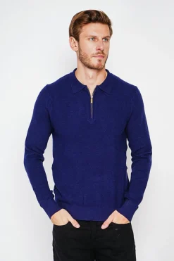 Pull polo demi zippé bleu nuit-C&Jo Discount