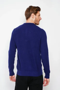 Pull polo demi zippé bleu nuit-C&Jo Discount