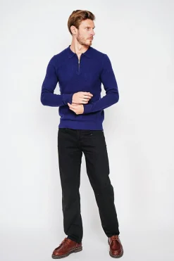 Pull polo demi zippé bleu nuit-C&Jo Discount