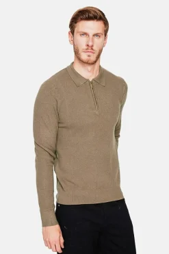 Homme C&Jo Pulls^Pull polo demi zippé kaki