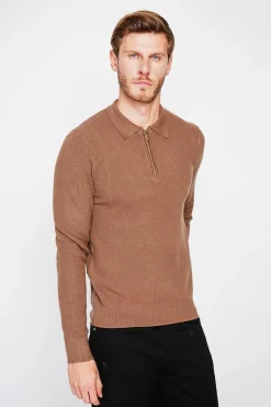 Pull polo demi zippé marron-C&Jo