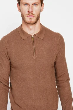 Pull polo demi zippé marron-C&Jo