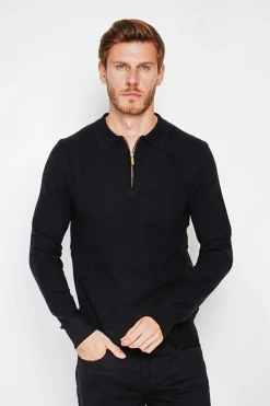 Pull polo demi zippé noir-C&Jo Outlet