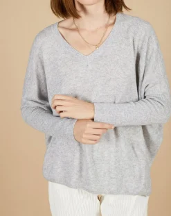 Pull poncho 100% Cachemire Emma col V gris chiné clair-Cashmere Tribu Online