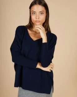 Femme Cashmere Tribu Pulls^Pull poncho 100% Cachemire Emma col V bleu marine