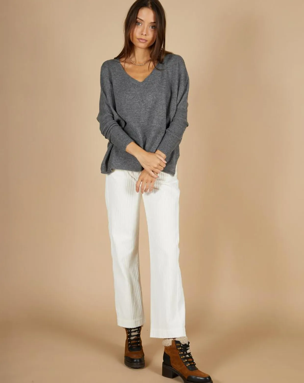 Femme Cashmere Tribu Pulls^Pull poncho 100% Cachemire Emma col V gris chiné foncé