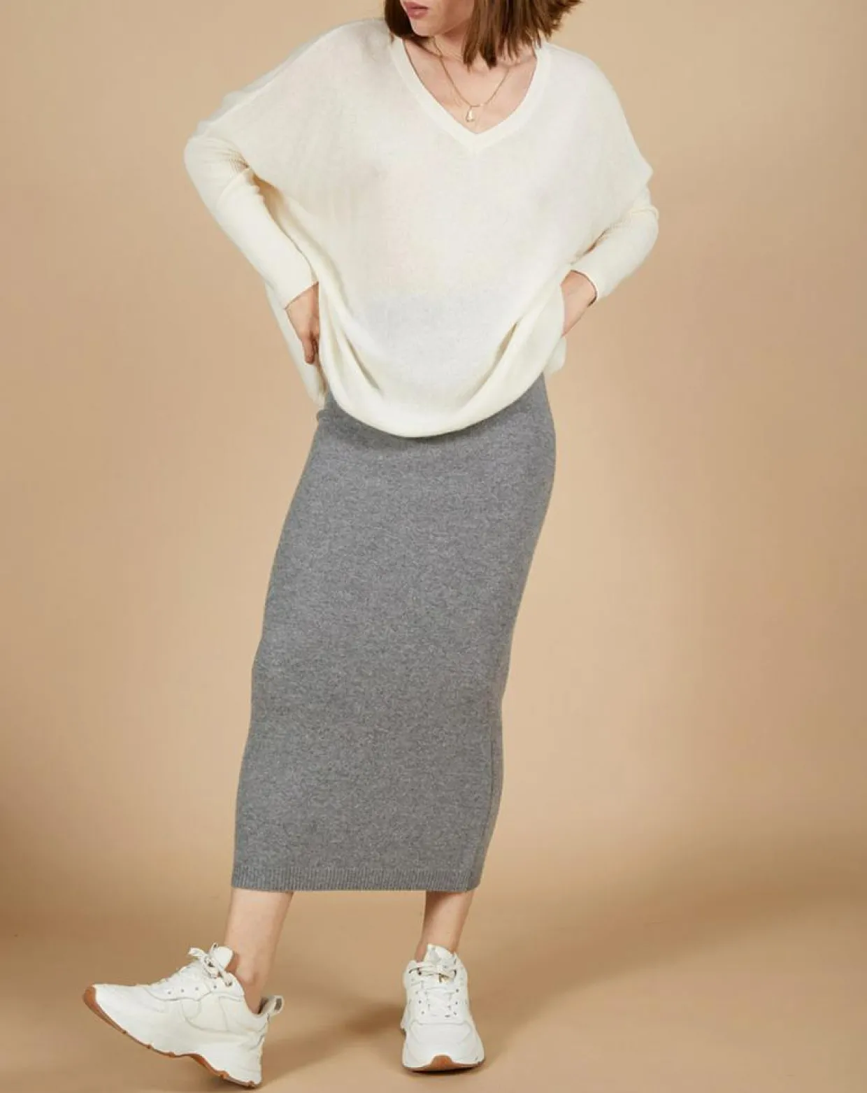Pull poncho 100% Cachemire Emma col v écru-Cashmere Tribu