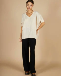 Pull poncho 100% Cachemire Kelly col V manches courtes beige chiné-Cashmere Tribu Sale