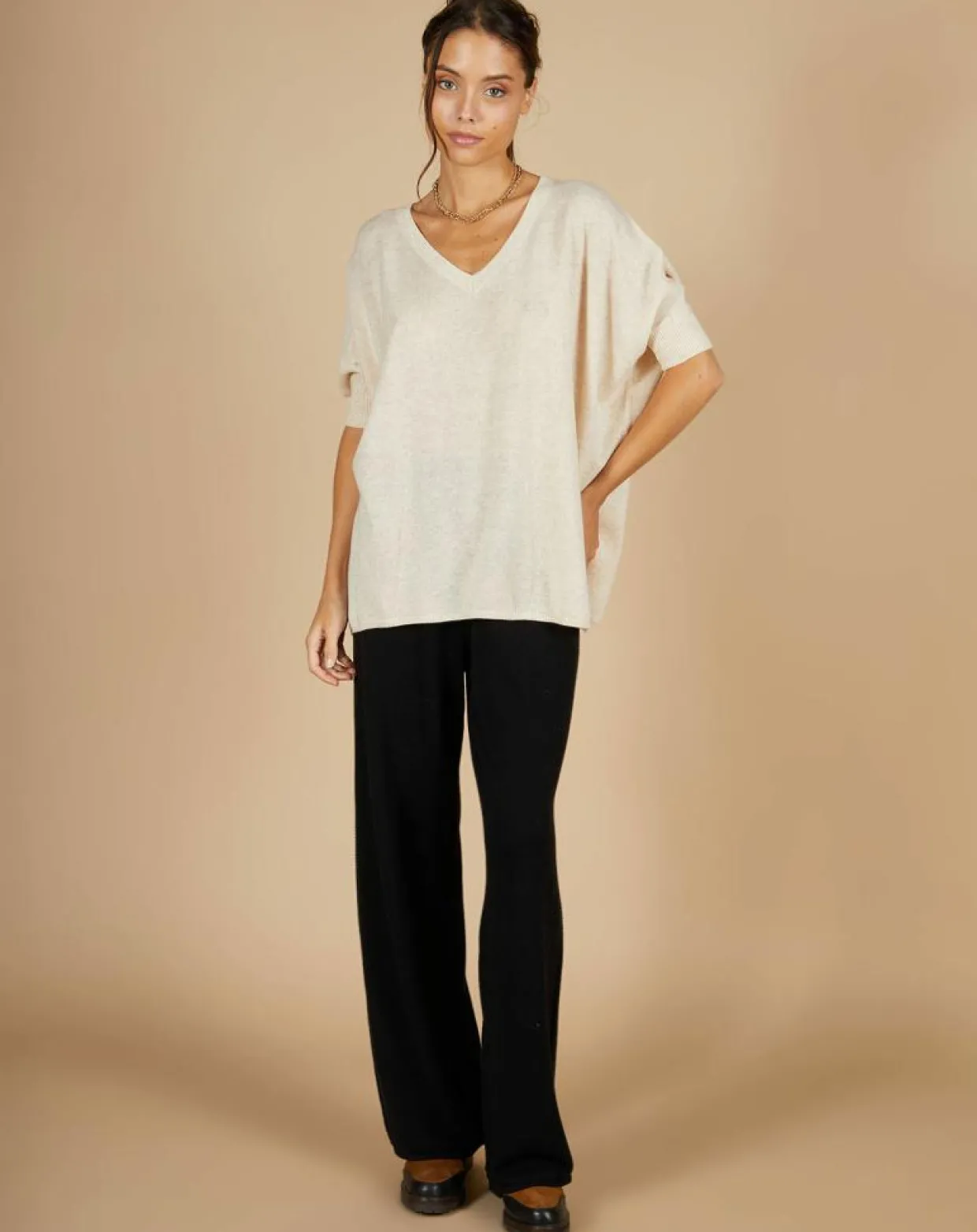 Pull poncho 100% Cachemire Kelly col V manches courtes beige chiné-Cashmere Tribu Sale