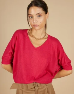 Pull poncho 100% Cachemire Kelly col V manches courtes fuschia-Cashmere Tribu Outlet