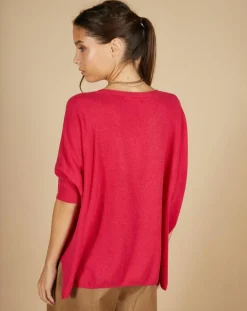 Pull poncho 100% Cachemire Kelly col V manches courtes fuschia-Cashmere Tribu Outlet