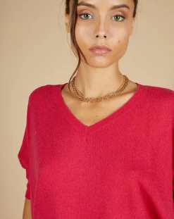 Pull poncho 100% Cachemire Kelly col V manches courtes fuschia-Cashmere Tribu Outlet