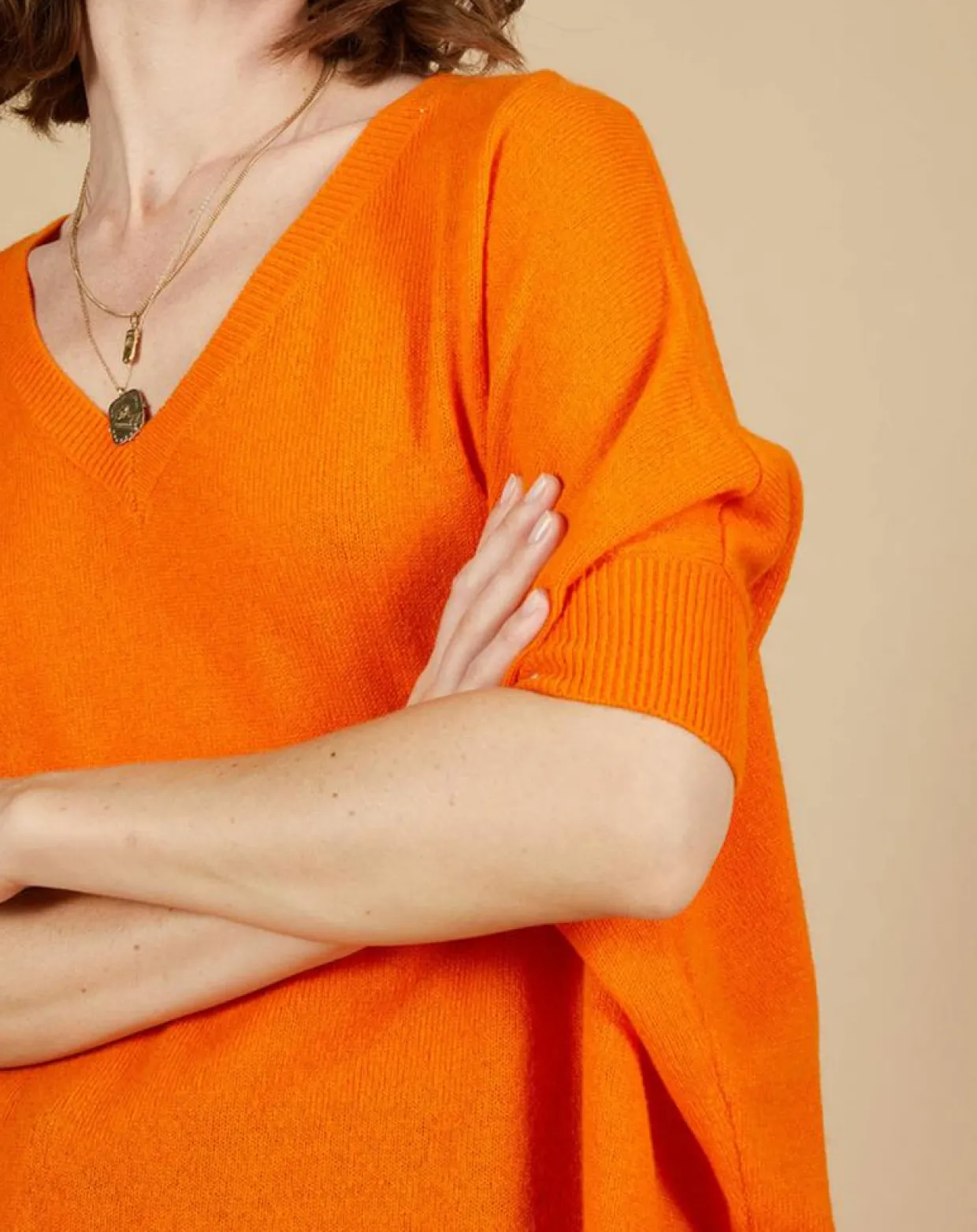 Pull poncho 100% Cachemire Kelly col V manches courtes mangue-Cashmere Tribu Best