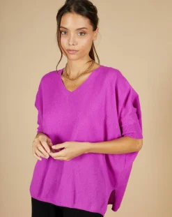 Pull poncho 100% Cachemire Kelly col V manches courtes violet fluo-Cashmere Tribu Sale