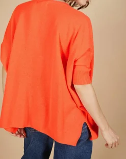 Pull poncho 100% Cachemire Kelly col V manches courtes corail fluo-Cashmere Tribu