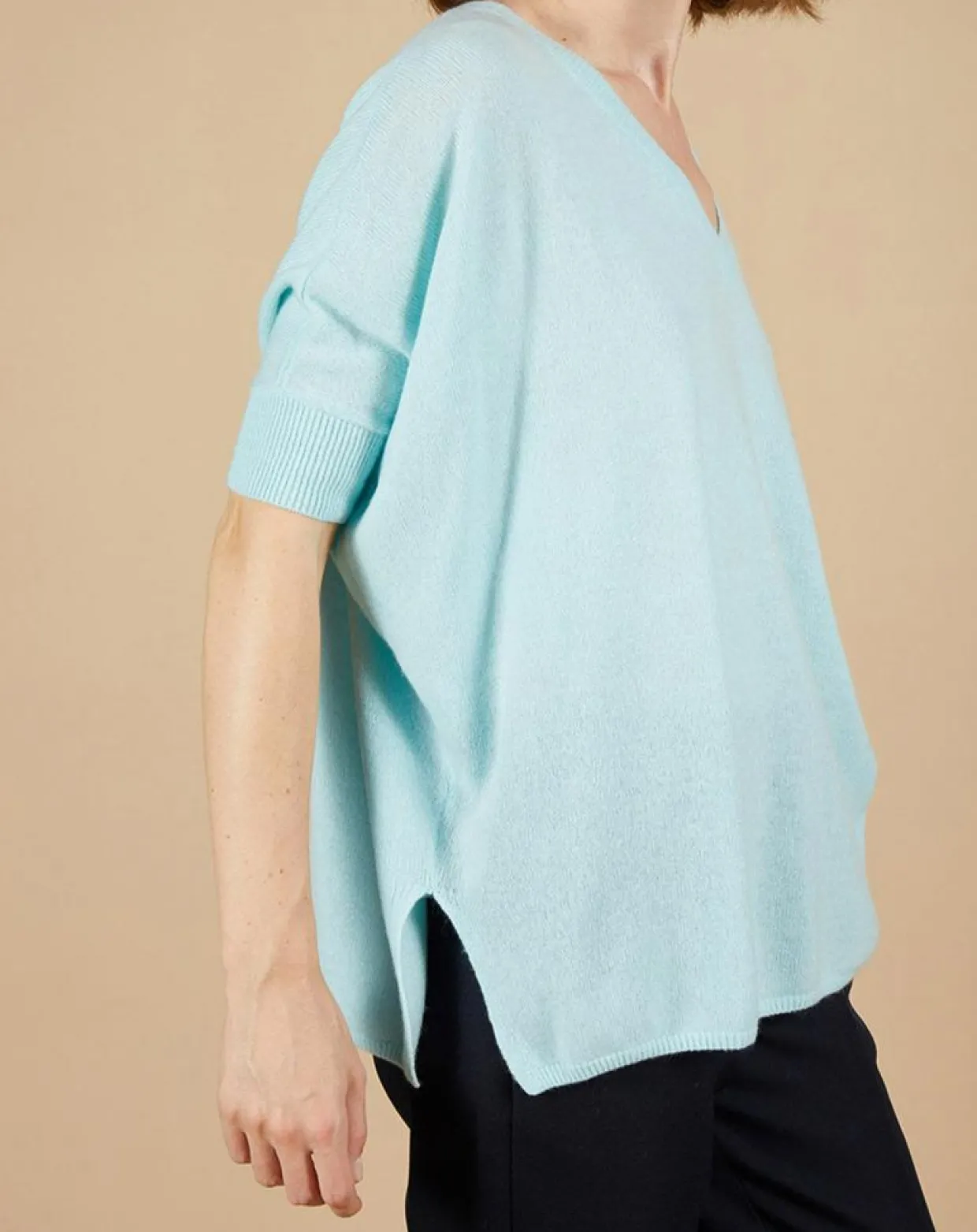 Pull poncho 100% Cachemire Kelly col V manches courtes bleu océan-Cashmere Tribu