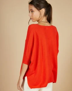 Pull poncho 100% Cachemire Kelly col V manches courtes orange-Cashmere Tribu Discount