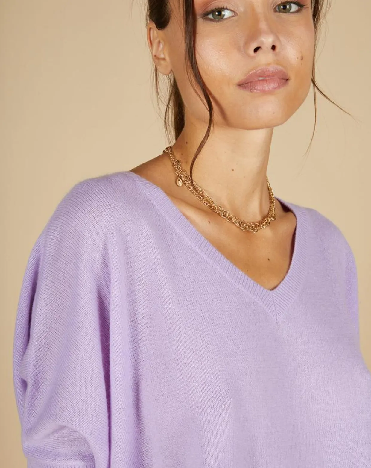 Femme Cashmere Tribu Pulls^Pull poncho 100% Cachemire Kelly col V manches courtes lavande