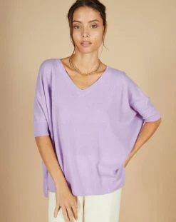 Femme Cashmere Tribu Pulls^Pull poncho 100% Cachemire Kelly col V manches courtes lavande