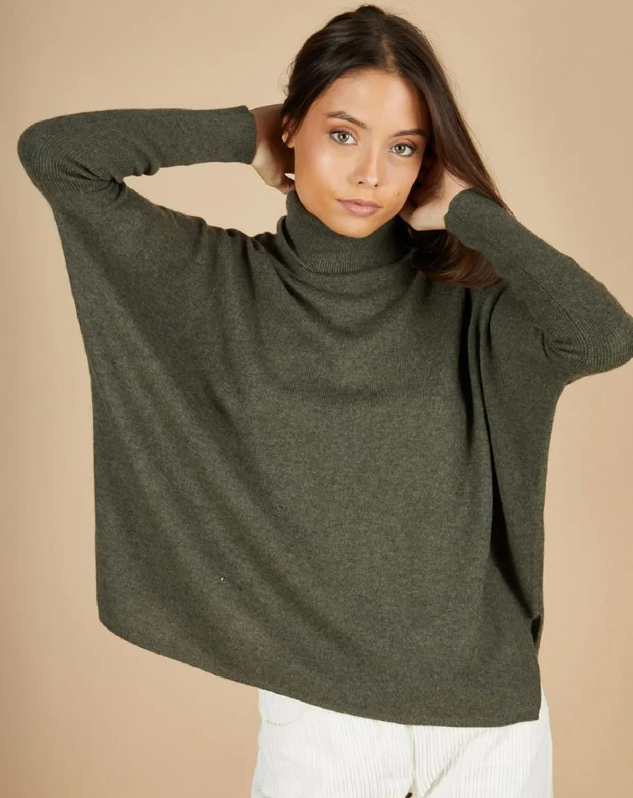 Pull poncho 100% Cachemire Lola col roulé kaki grisé-Cashmere Tribu Online