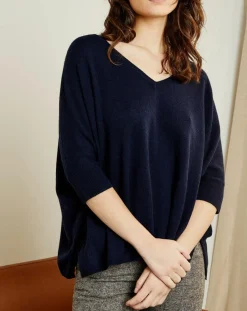 Pull poncho 100% Cachemire Marilyn Col V bleu profond-Miss Cashmere Discount