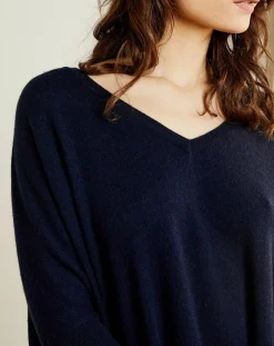 Pull poncho 100% Cachemire Marilyn Col V bleu profond-Miss Cashmere Discount