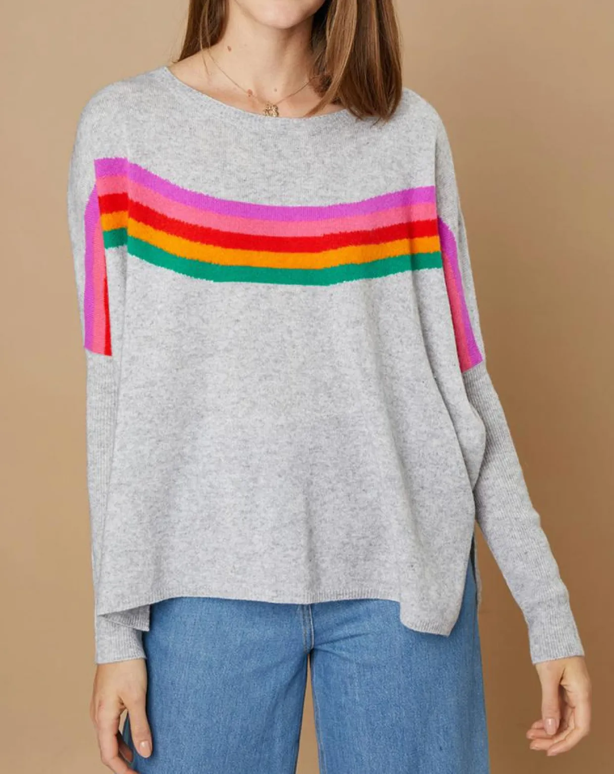 Pull poncho 100% Cachemire Rocky col rond à bandes gris chiné clair-Cashmere Tribu Discount