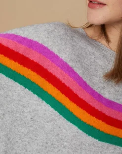 Pull poncho 100% Cachemire Rocky col rond à bandes gris chiné clair-Cashmere Tribu Discount