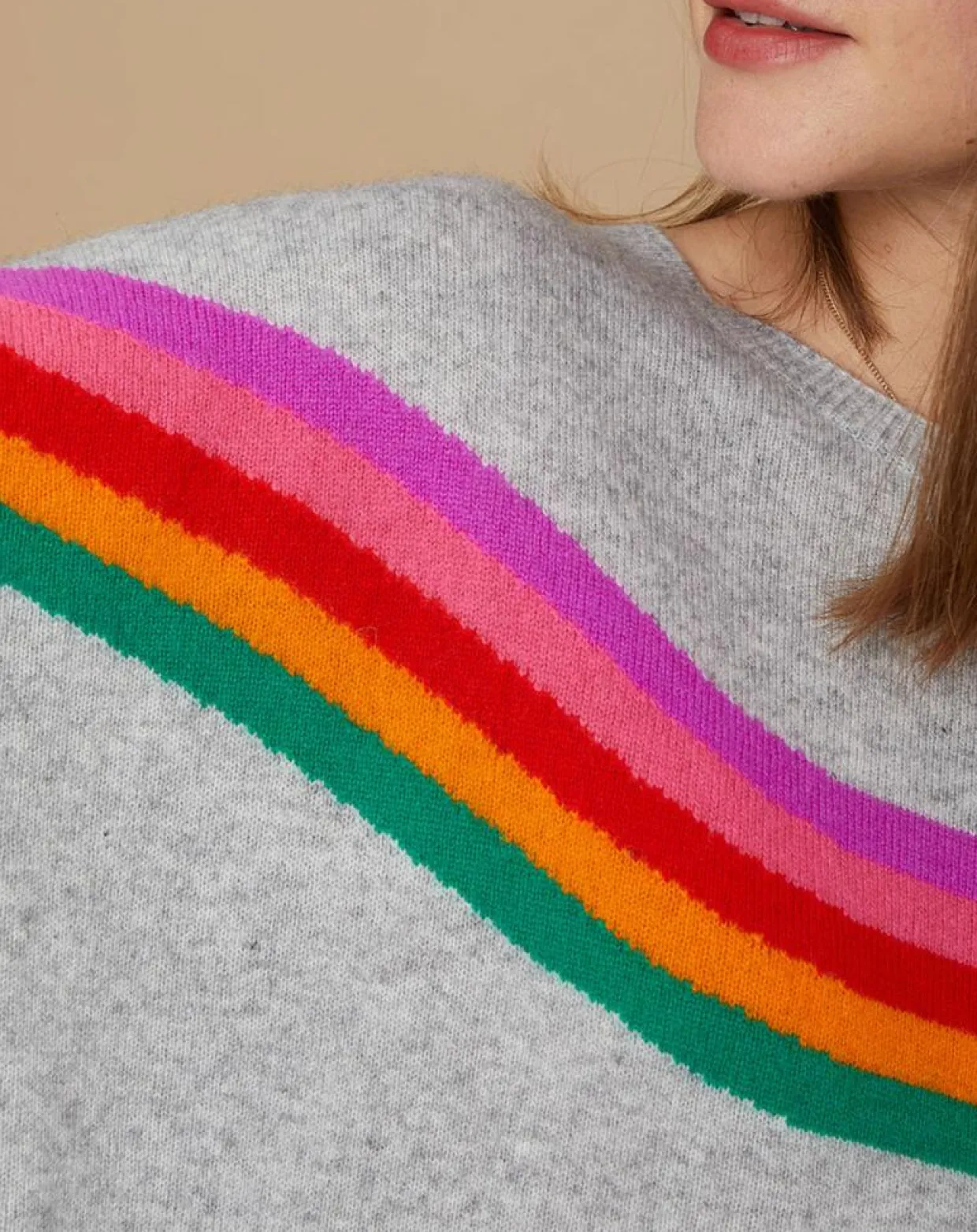 Pull poncho 100% Cachemire Rocky col rond à bandes gris chiné clair-Cashmere Tribu Discount