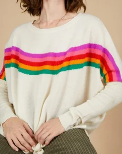 Pull poncho 100% Cachemire Rocky col rond à bandes blanc cassé-Cashmere Tribu Outlet