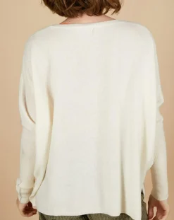 Pull poncho 100% Cachemire Rocky col rond à bandes blanc cassé-Cashmere Tribu Outlet