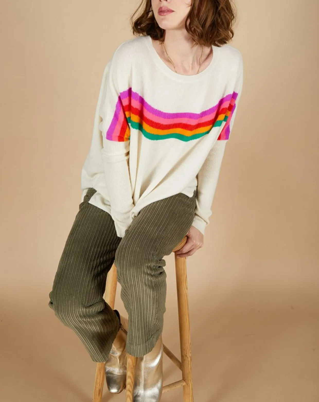 Pull poncho 100% Cachemire Rocky col rond à bandes blanc cassé-Cashmere Tribu Outlet