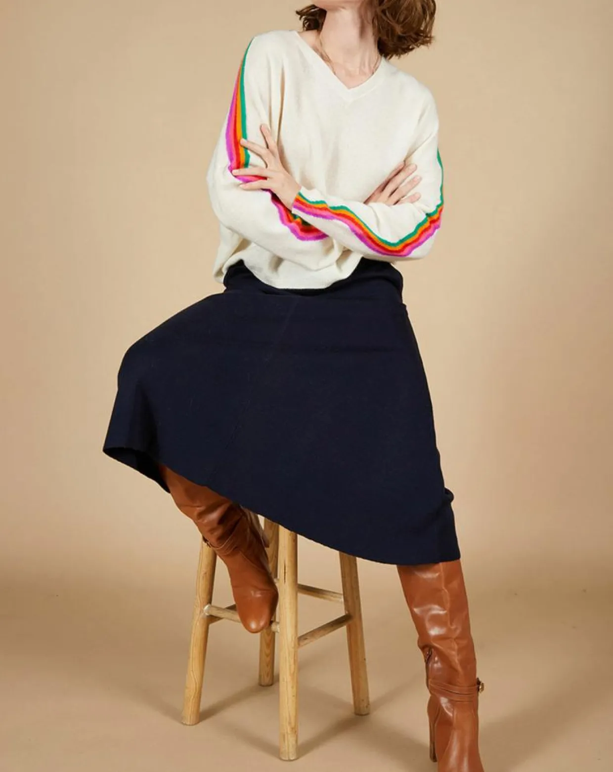 Femme Cashmere Tribu Pulls^Pull poncho 100% Cachemire Wimbow col V à bandes manches blanc cassé