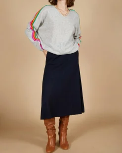 Pull poncho 100% Cachemire Wimbow col V à bandes manches gris chiné clair-Cashmere Tribu Online