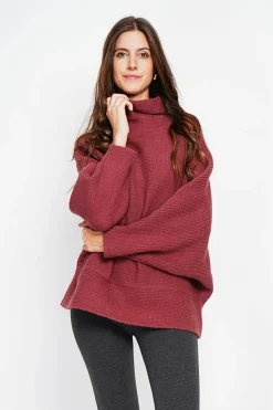 Pull poncho col roulé bordeaux-Assuili Hot