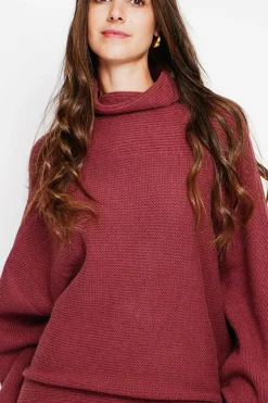 Pull poncho col roulé bordeaux-Assuili Hot