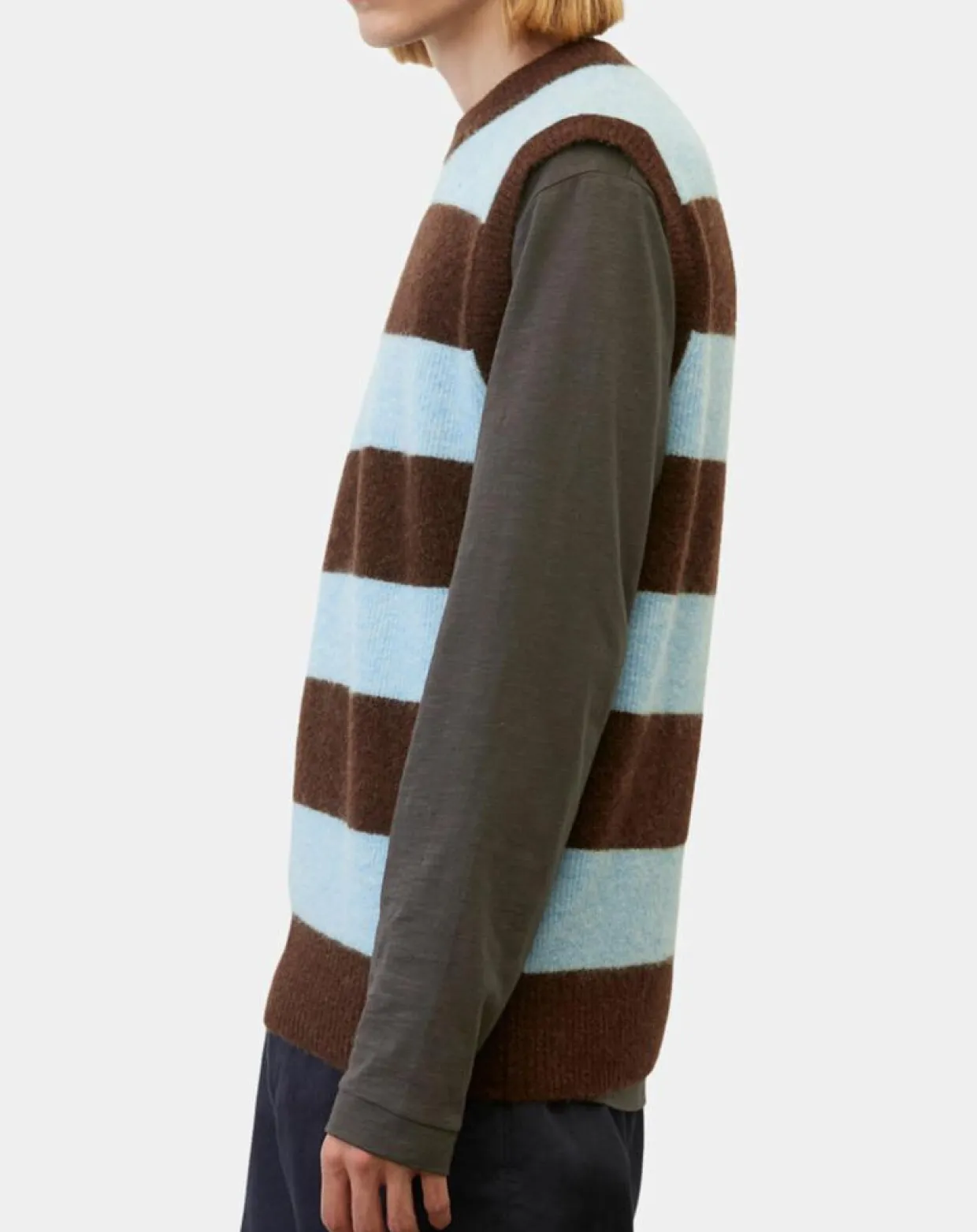 Pull sans manches en Laine & Alpaga mélangés rayé Colorblock bleu/marron-Marc O'Polo Outlet