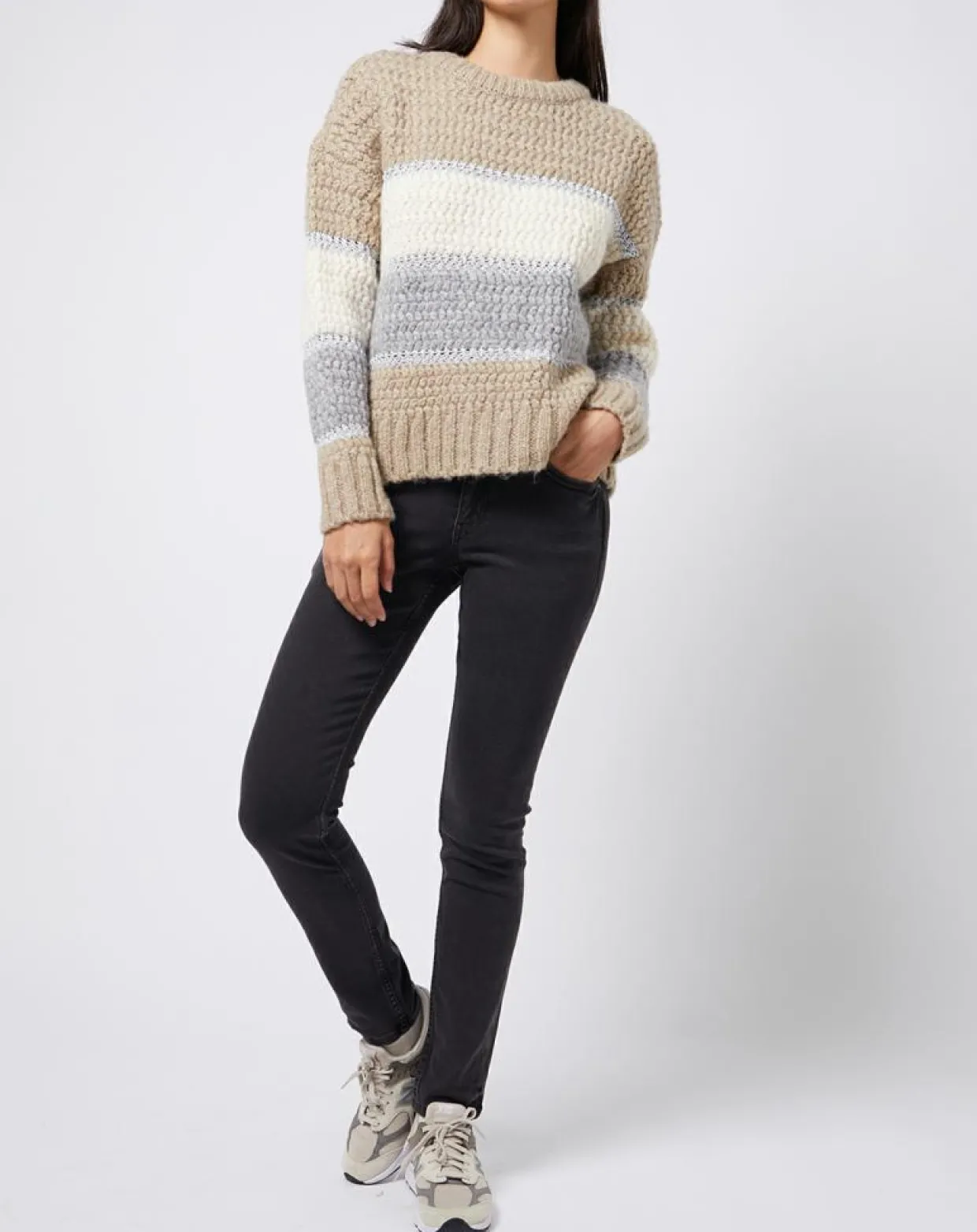 Femme Esprit Pulls^Pull Tricot en grosse maille fantaisie tricolore beige/gris/blanc