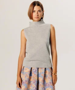Pull Yvonne 100% laine sans manches col montant gris clair-Rodier Clearance
