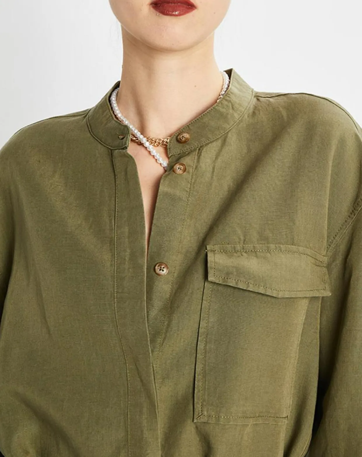Femme Marc O'Polo Robes^Robe Chemise en Lin mélangé Col Mao Tencel kaki