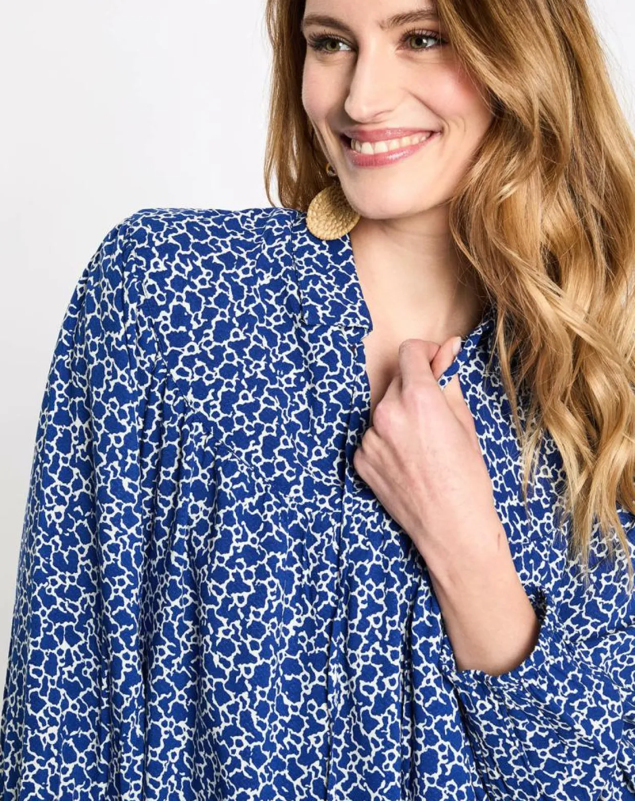 Femme Esprit Robes^Robe col v lien imprimé taches bleu/blanc